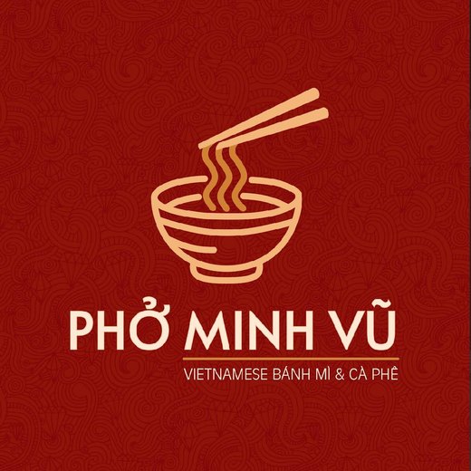 Phở Minh Vũ logo: a bowl of noodles with chopsticks on a red patterned background